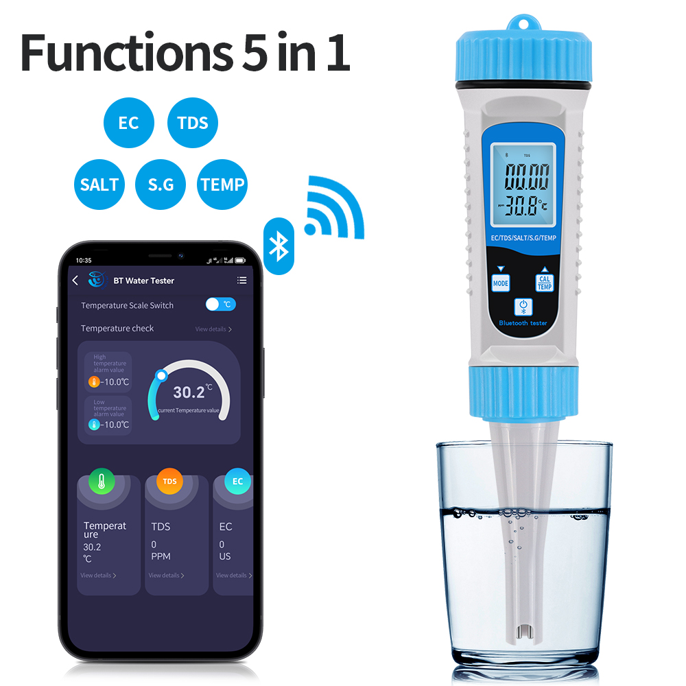 Marine Aquarium Water Analyzer - 5-in-1 Bluetooth Waterkwaliteitstester TDS/S.G/Zoutgehalte/Temp/EC Meter voor