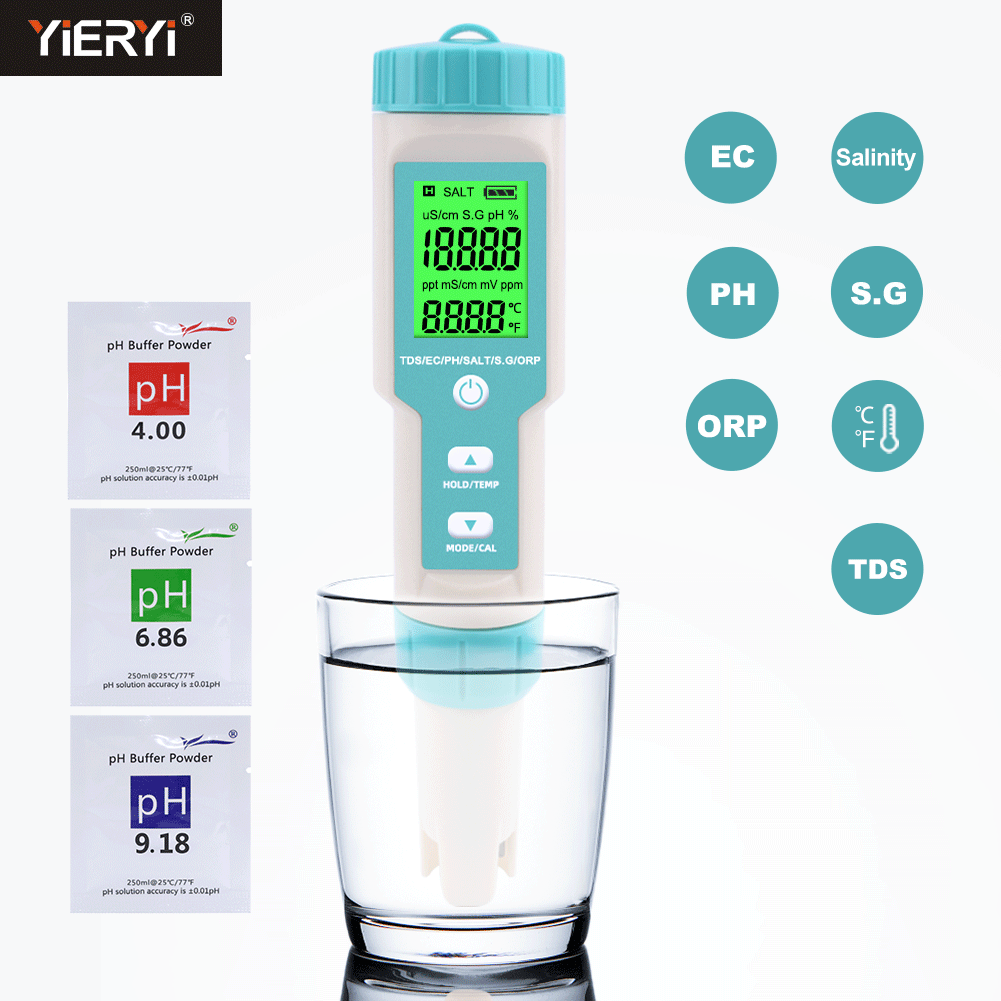 Marine Aquarium Water Analyzer - Nieuwe 7-in-1 PH/TDS/EC/ORP/Zoutgehalte/S. G/Temperatuurmeter C-600 Waterkwaliteitstester